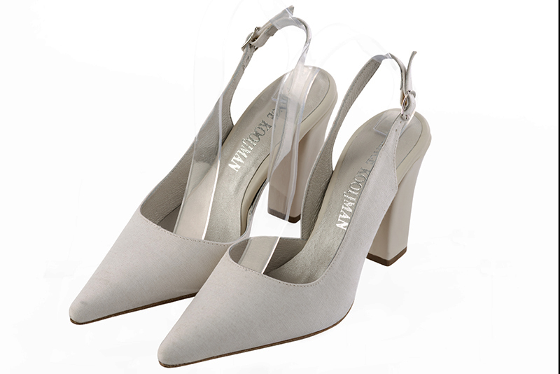 Pearl grey women's slingback shoes. Pointed toe. High kitten heels. Front view - Florence KOOIJMAN